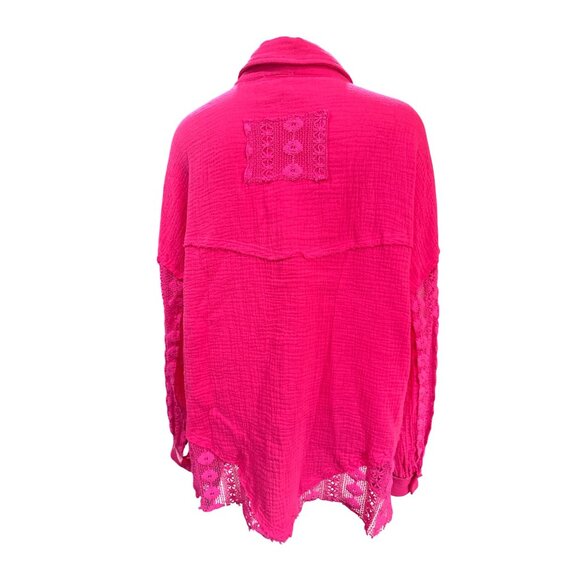 Andree By Unit XL Hot Pink Cotton Lace Shacket Button Front Textured Boho Core - Picture 5 of 12